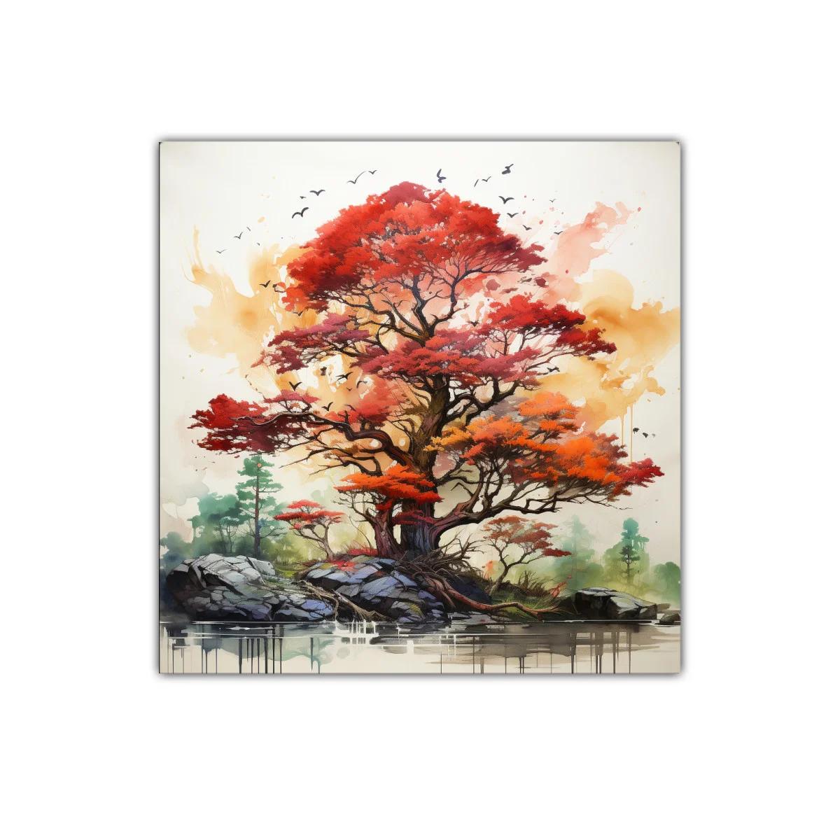 Árbol otoñal vibrante con paisajes naturales y aves