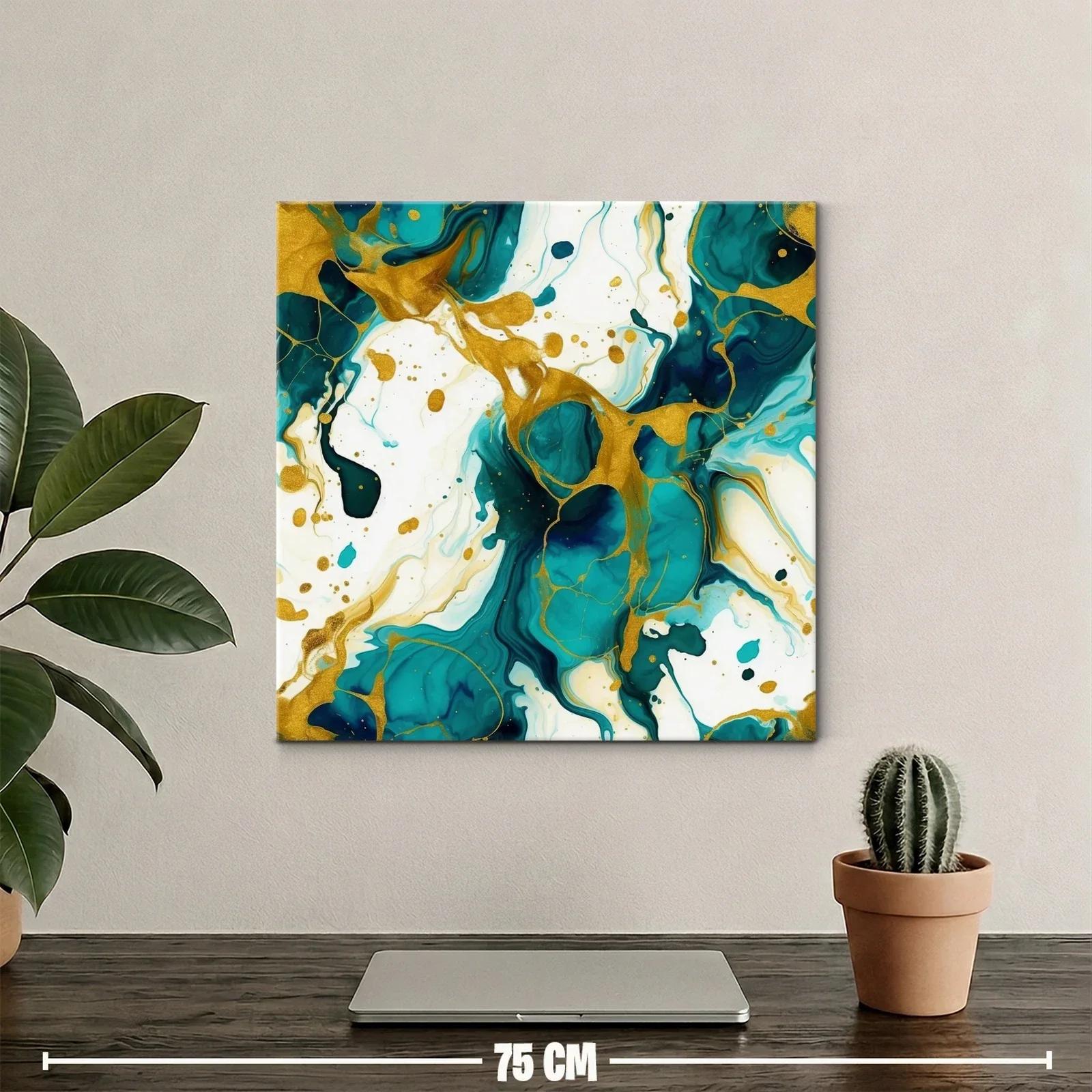 Cuadro abstracto con tonos turquesa y dorados vibrantes — miniatura 2
