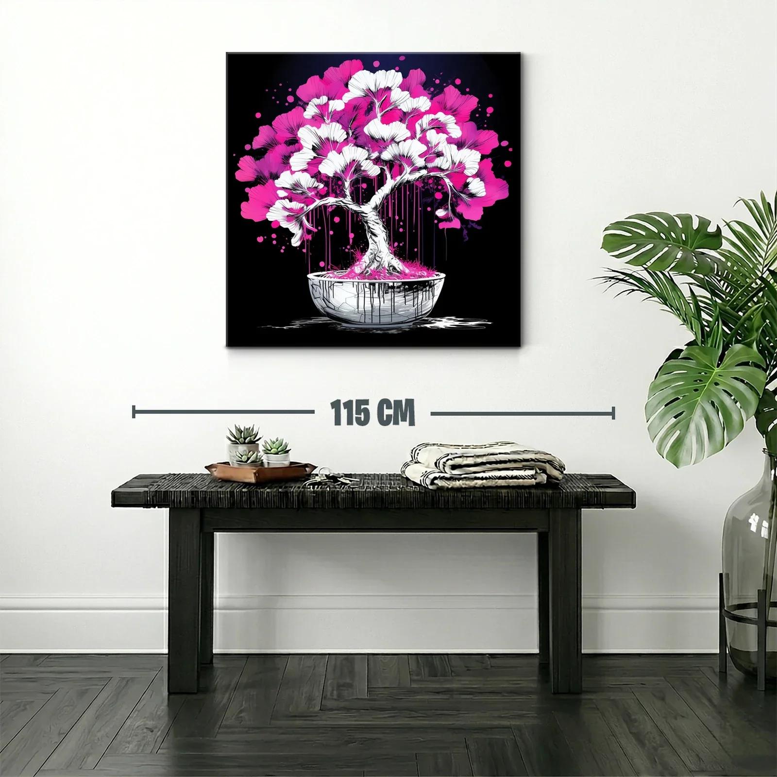 Árbol bonsái vibrante con flores rosa y blancas sobre fondo negro — miniatura 2