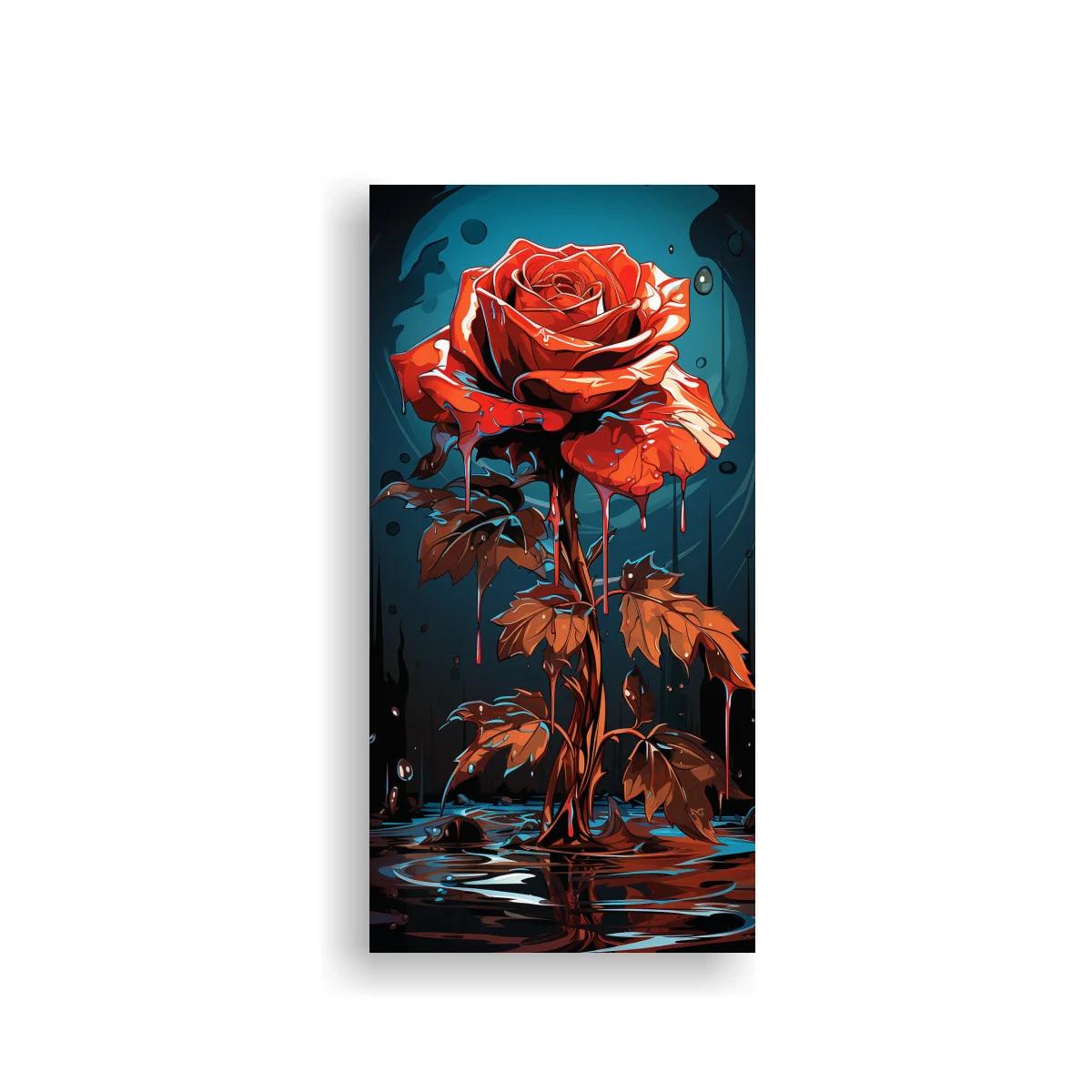 Cuadro rosa roja con gotas y charco reflectante