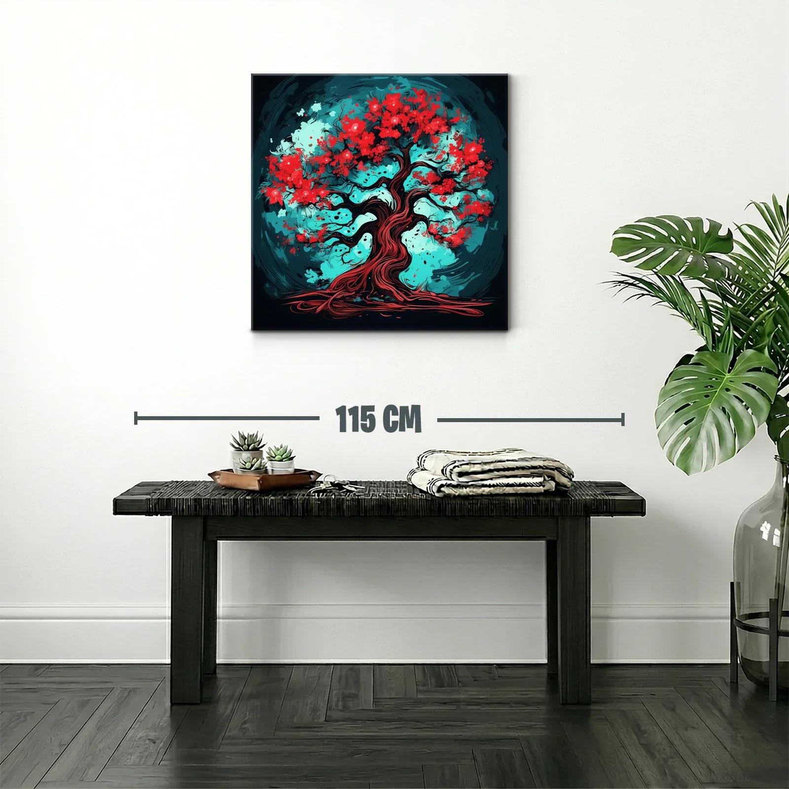 Árbol vibrante con flores rojas y fondo turquesa intenso — miniatura 2