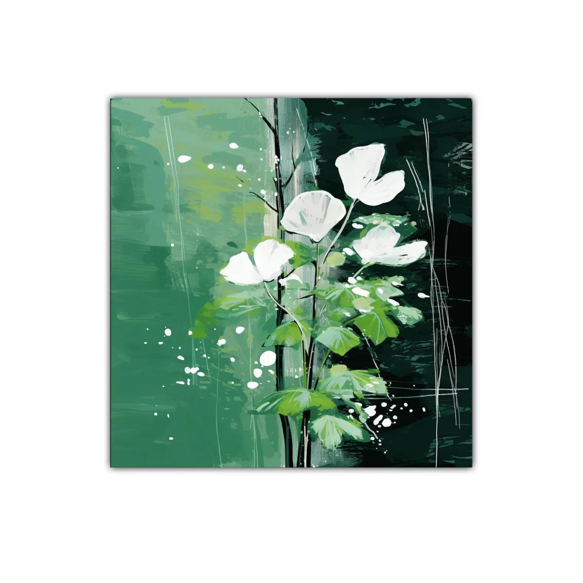 Flores blancas sobre fondo verde con toques abstractos — imagen principal