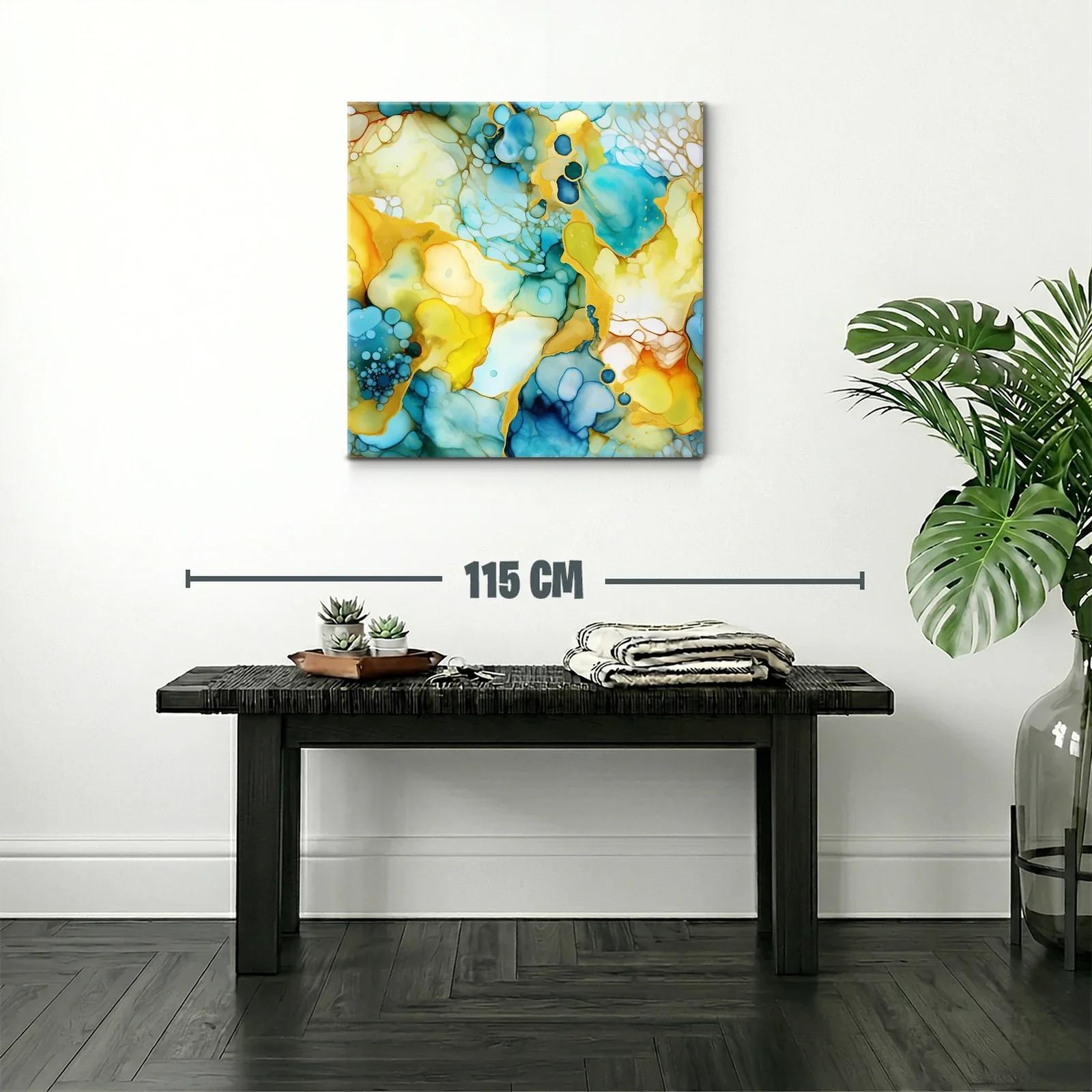 Cuadro abstracto con tonos azules y ocres vibrantes — miniatura 2