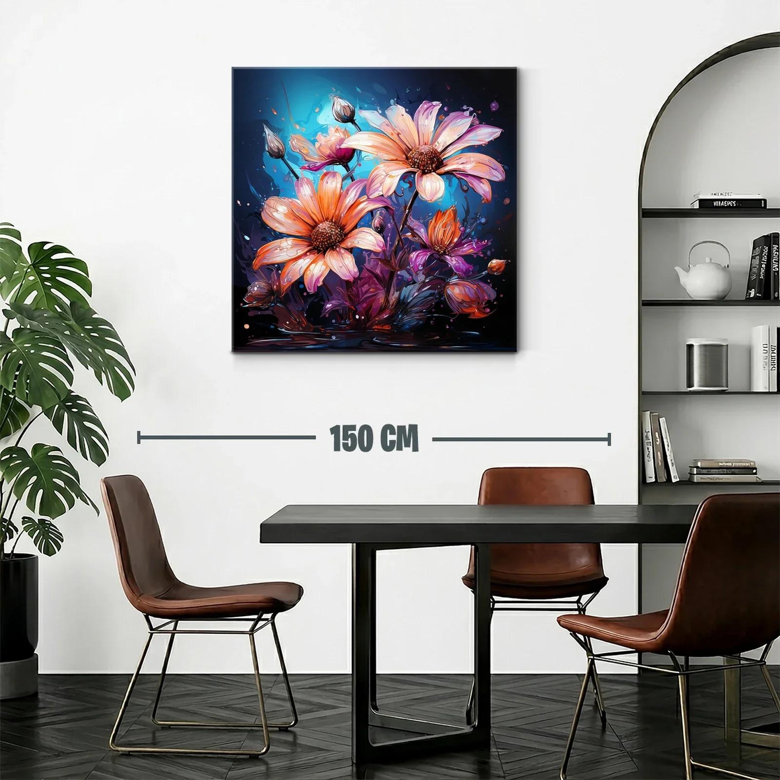 Cuadro con flores vibrantes en tonos cálidos y fondo azul — miniatura 2