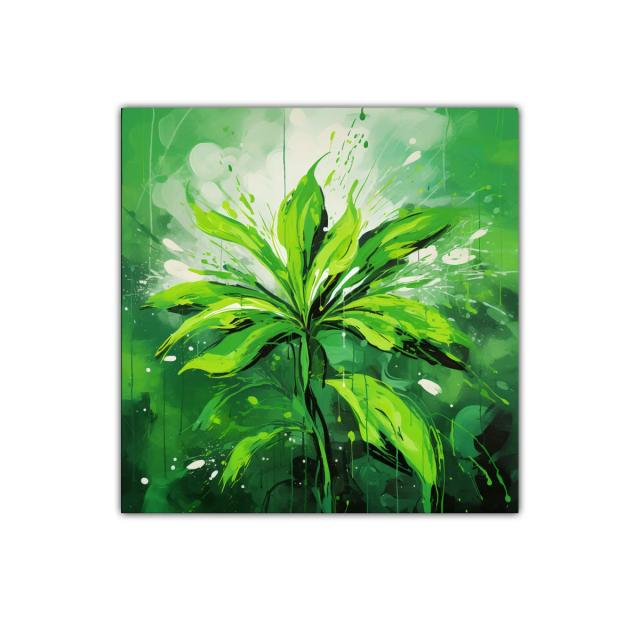 Cuadro decorativo vibrante con hojas verdes en explosión