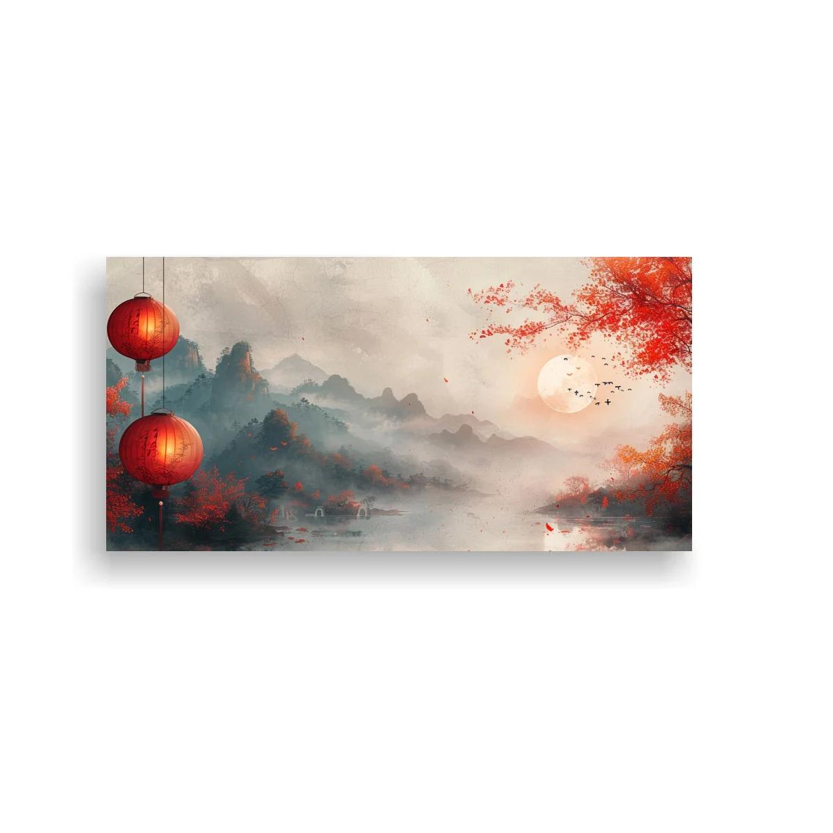 Cuadro paisaje oriental con faroles rojos y árbol rojizo