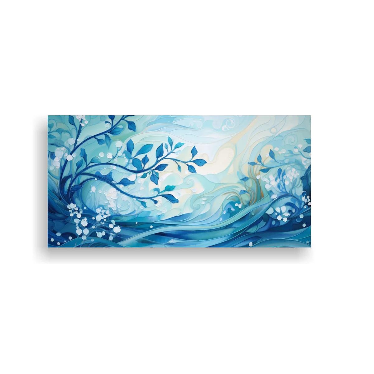 Cuadro ramas con hojas azules y flores blancas sobre ondas fluidas