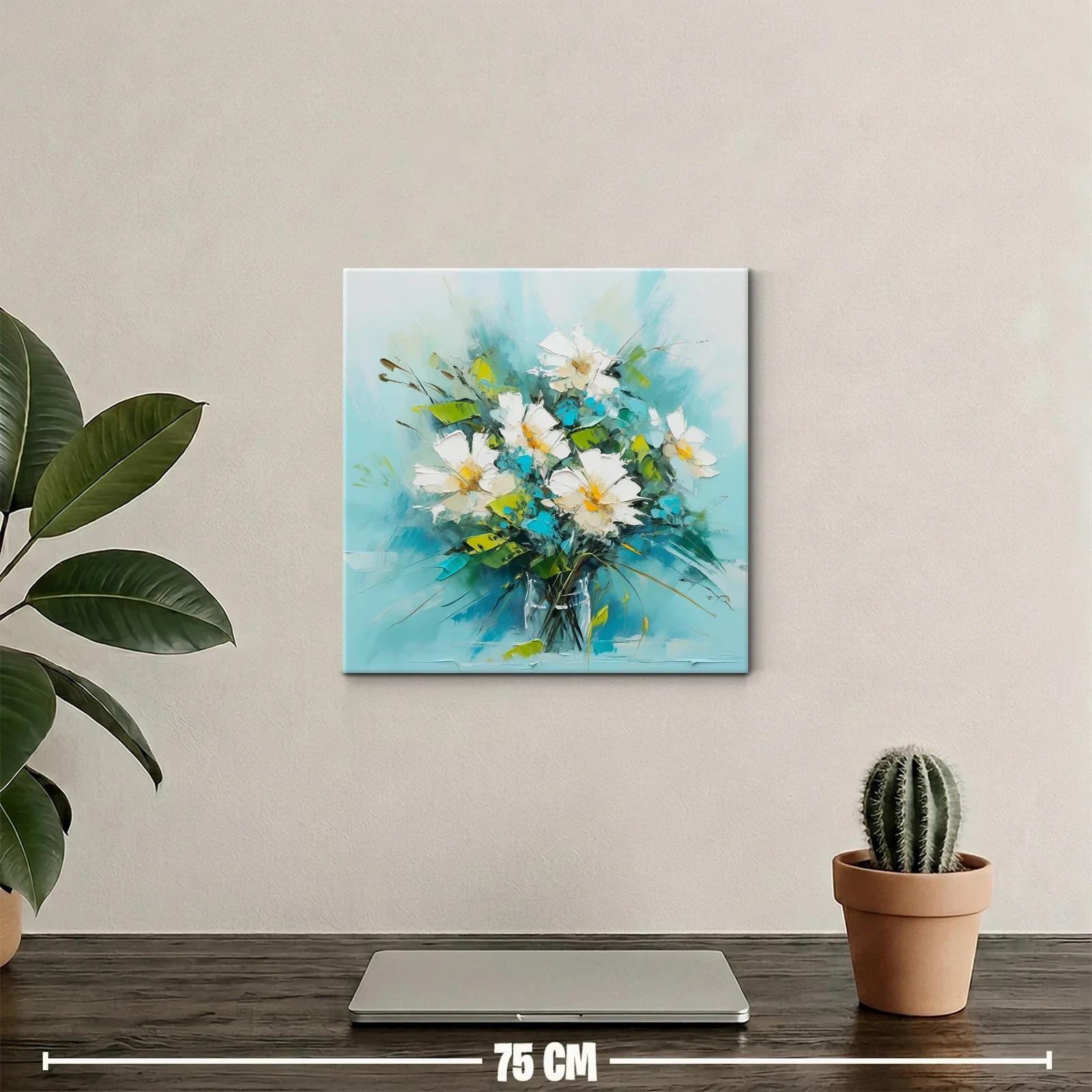 Cuadro de flores blancas con brillo turquesa y verde — miniatura 2