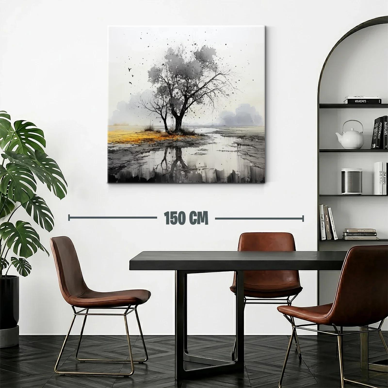 Paisaje sereno con árbol y reflejo en tonos neutros — miniatura 2
