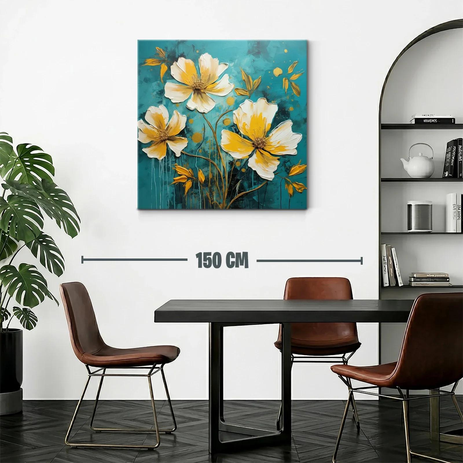 Cuadro floral moderno en tonos cálidos y fondo azul profundo — miniatura 2