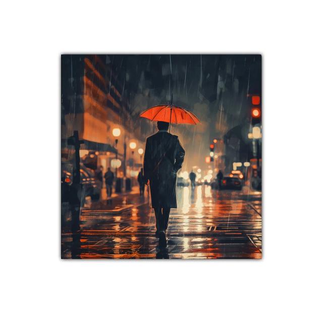 Atardecer urbano con paraguas rojo bajo la lluvia