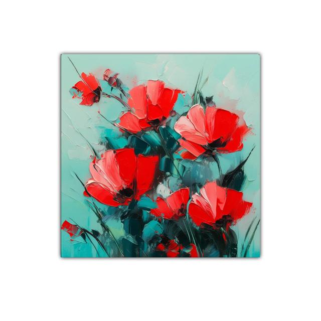 Cuadro floral con vibrantes amapolas rojas sobre fondo turquesa