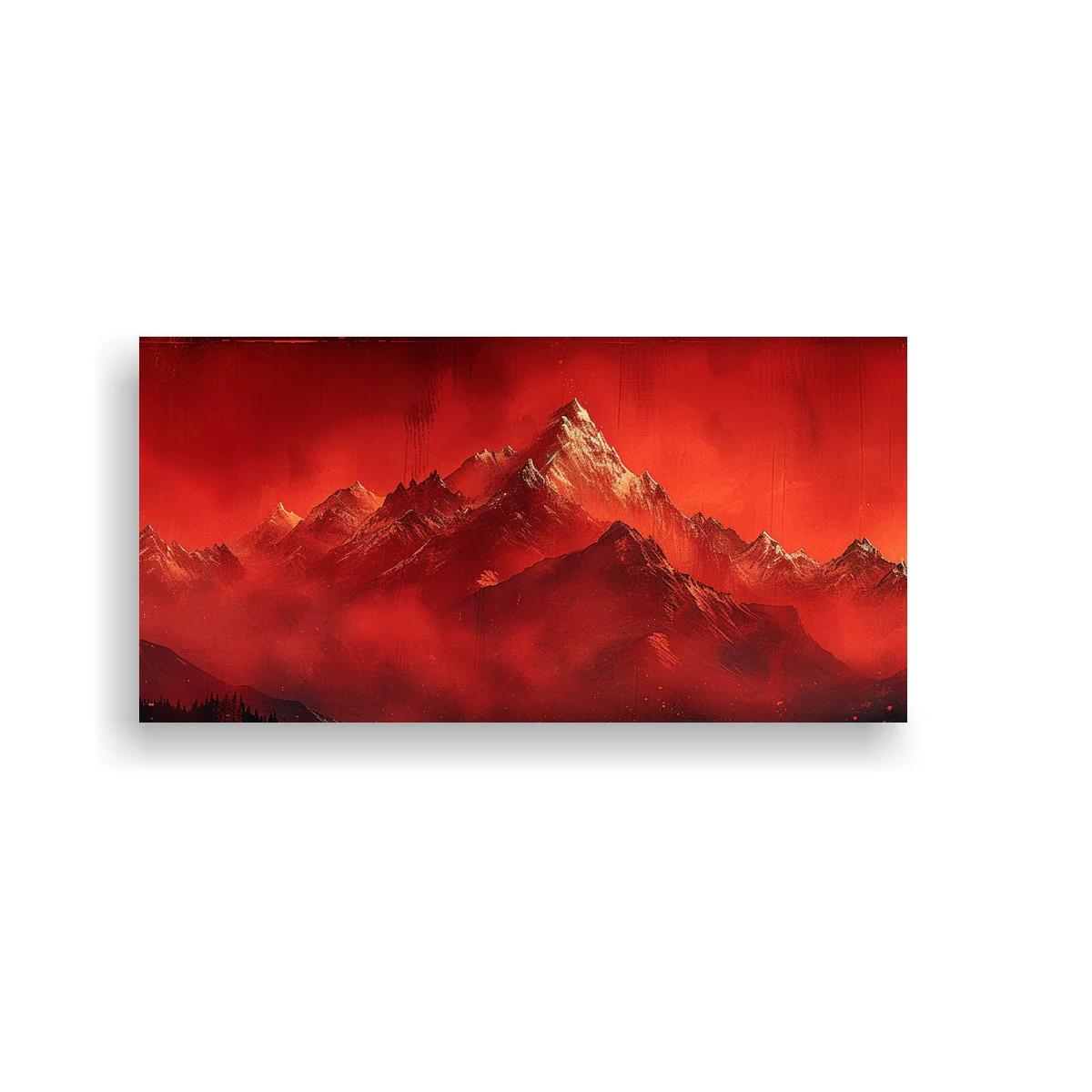 Cuadro cordillera de montañas con cielo rojo y bruma