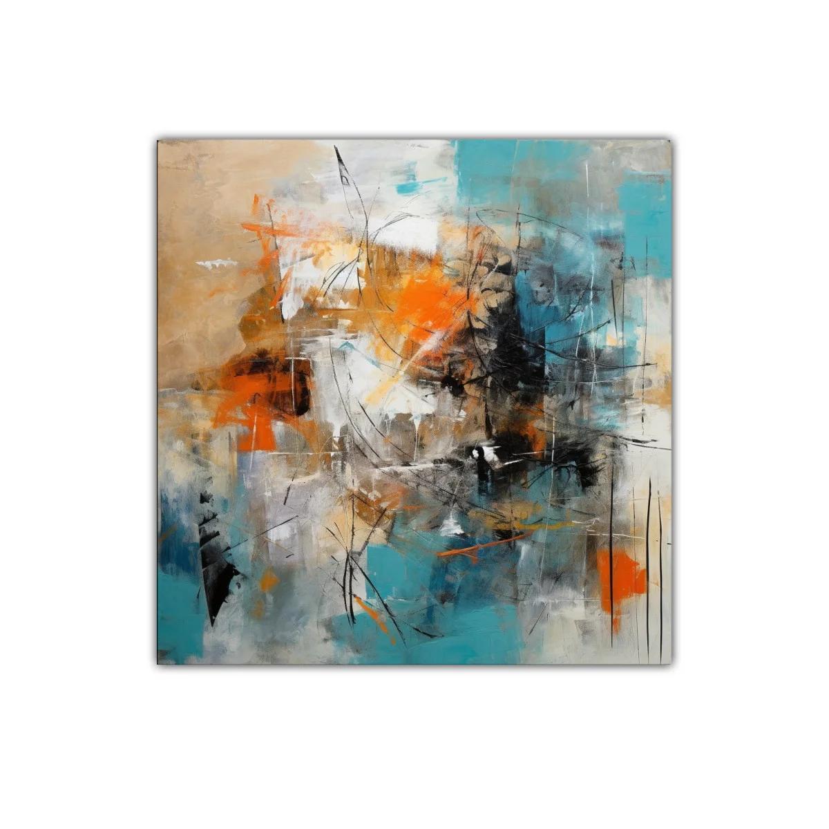 Cuadro abstracto con toques en turquesa y naranja vibrante