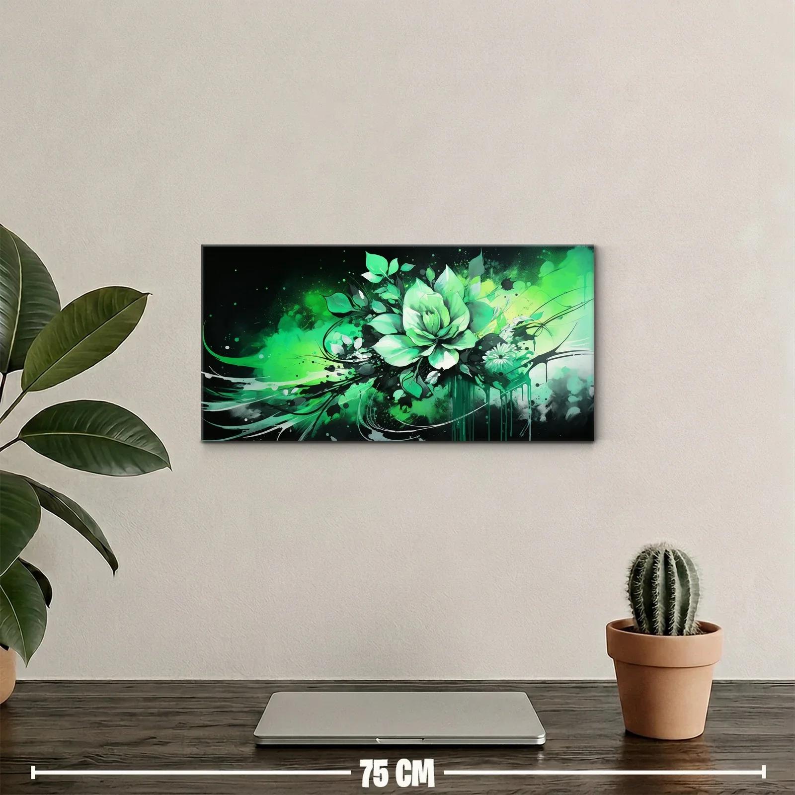 Cuadro flor verde tipo loto con trazos y salpicaduras — miniatura 2