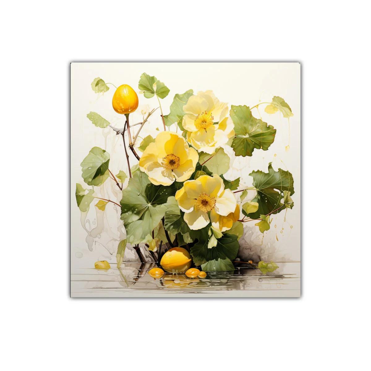 Cuadro decorativo con flores amarillas y hojas verdes vibrantes