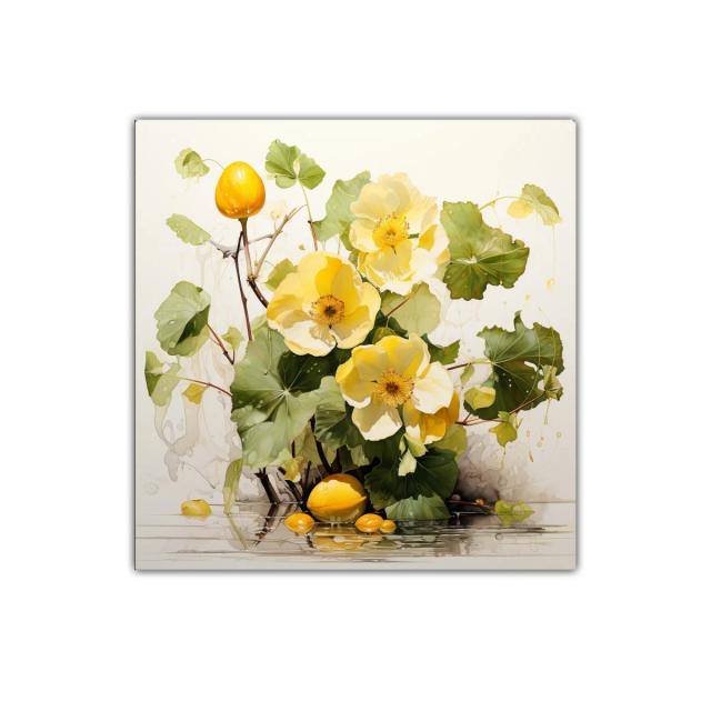 Cuadro decorativo con flores amarillas y hojas verdes vibrantes