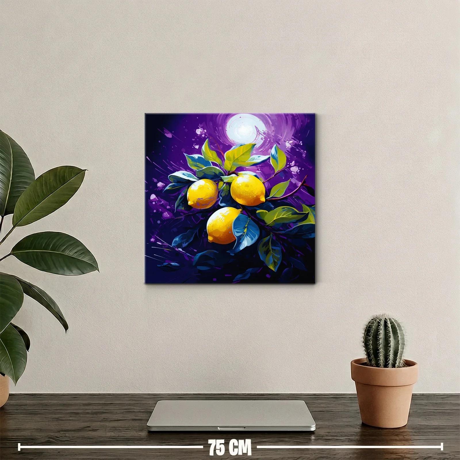 Cuadro vibrante con limones y hojas sobre fondo púrpura — miniatura 2