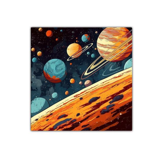 Galaxia vibrante y colorida con planetas y anillos