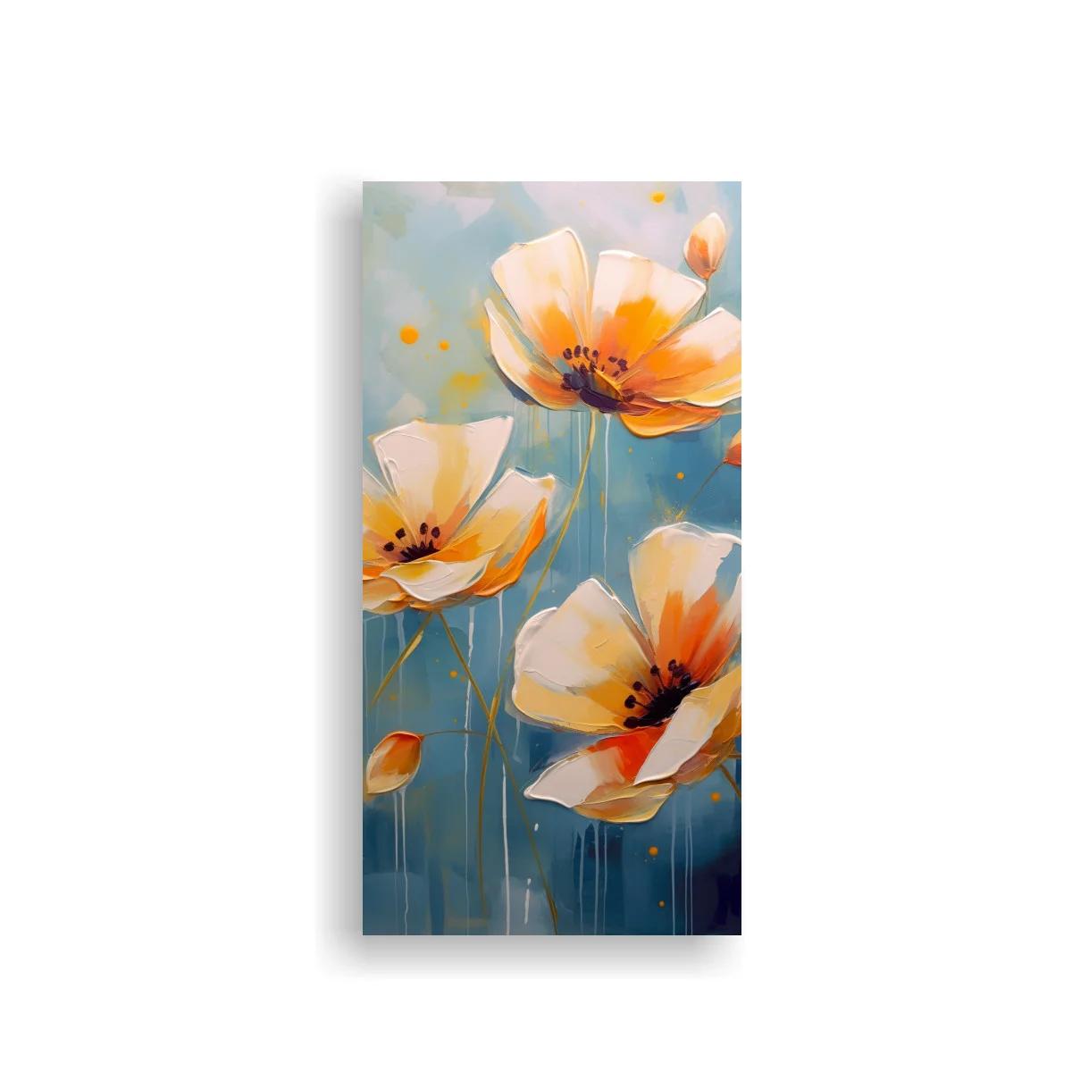 Cuadro de amapolas blancas y naranjas con fondo azul difuso