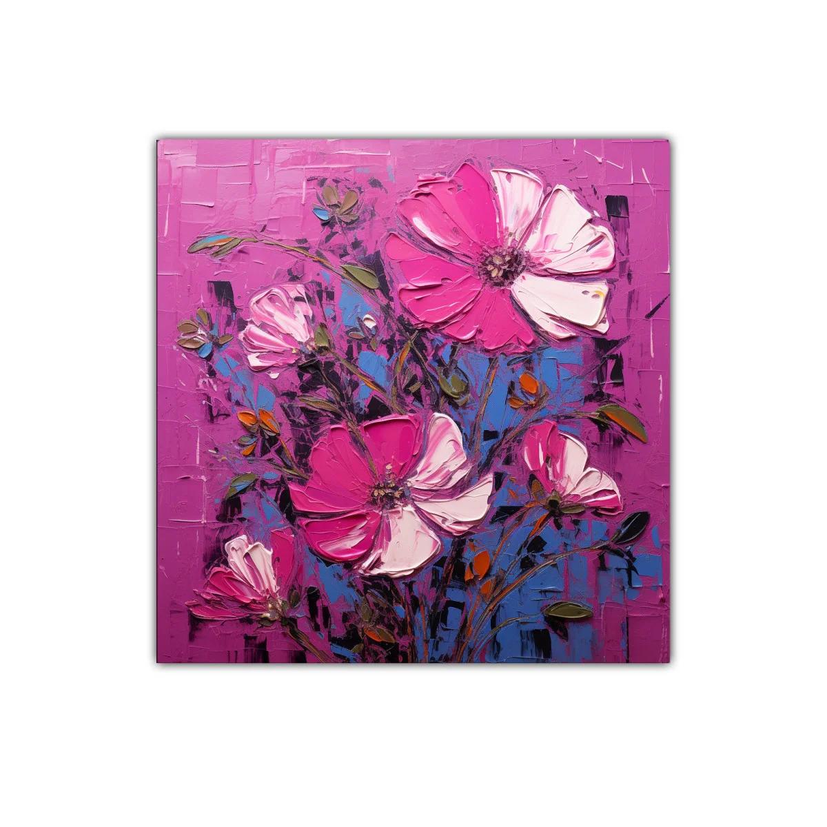 Cuadro decorativo con flores en tonos rosa y azul vibrante