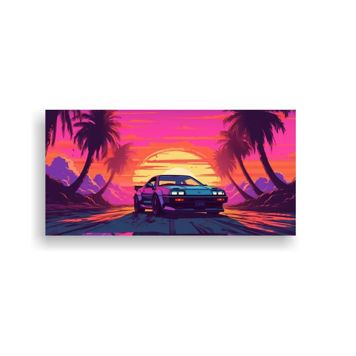 Cuadro coche deportivo retro al atardecer neón