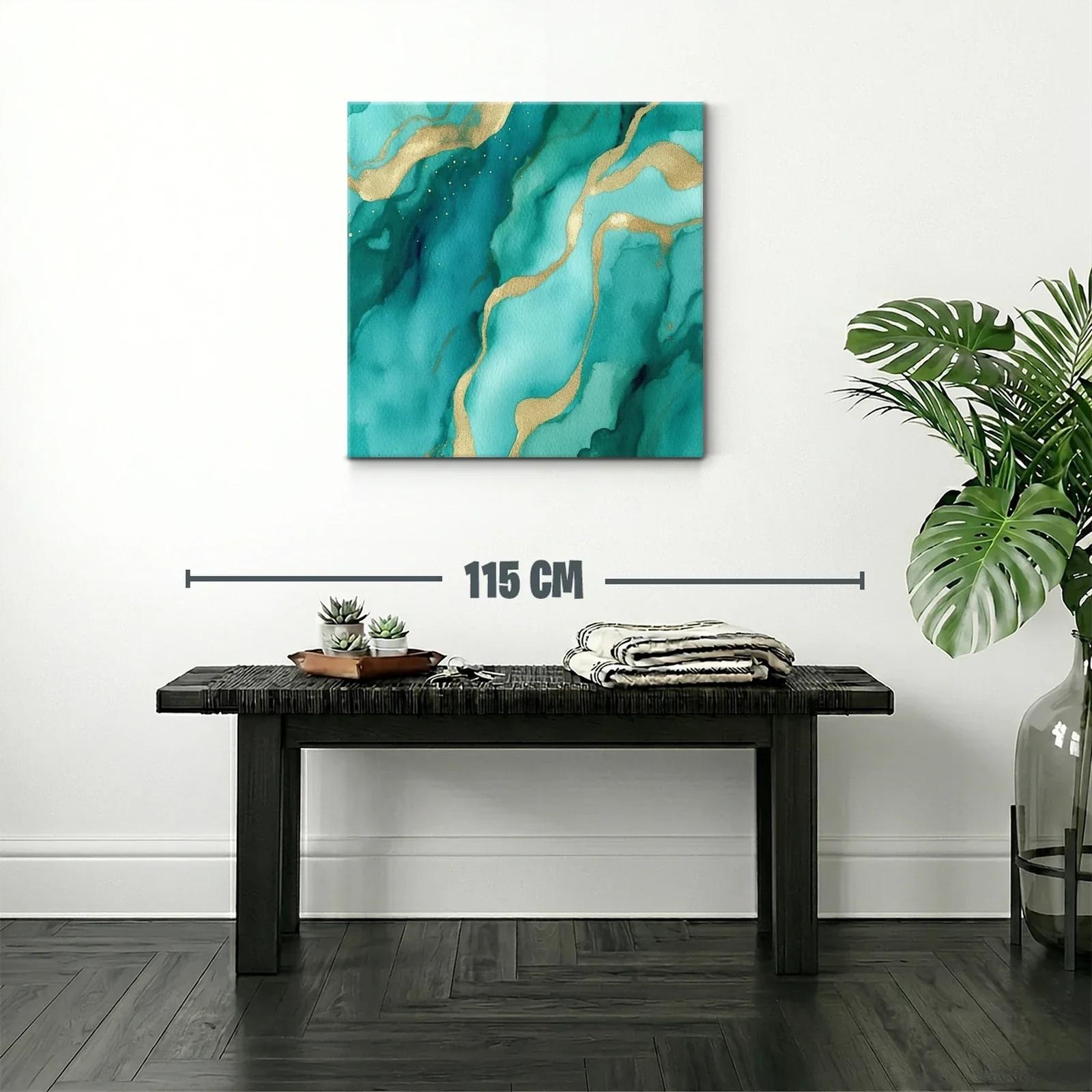 Cuadro abstracto en tonos verdes con detalles dorados — miniatura 2