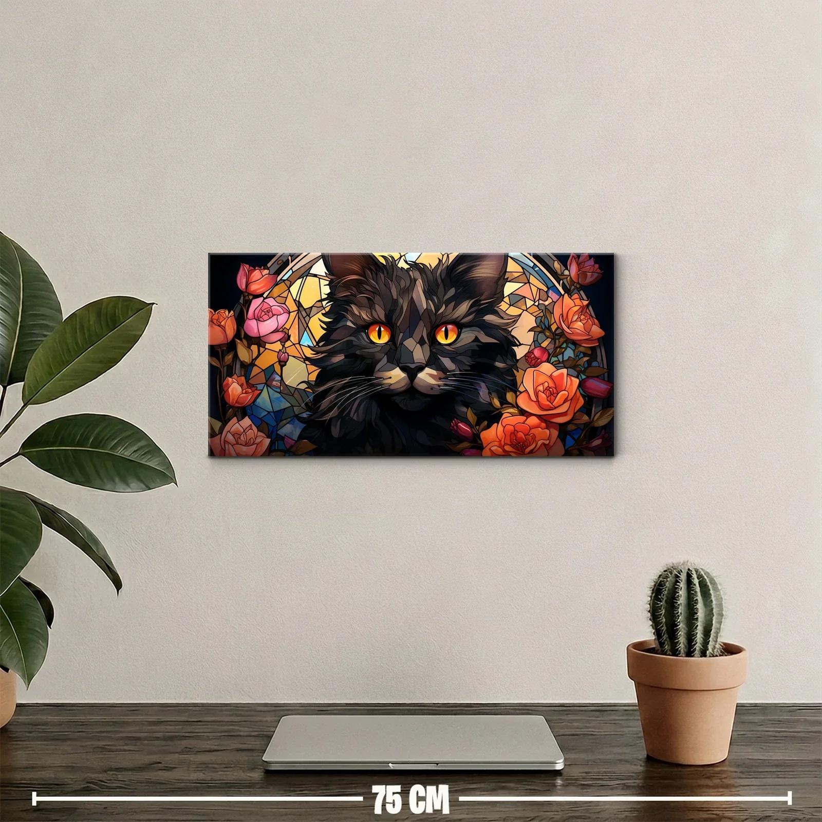 Cuadro gato negro de ojos naranjas con vidriera circular — miniatura 2