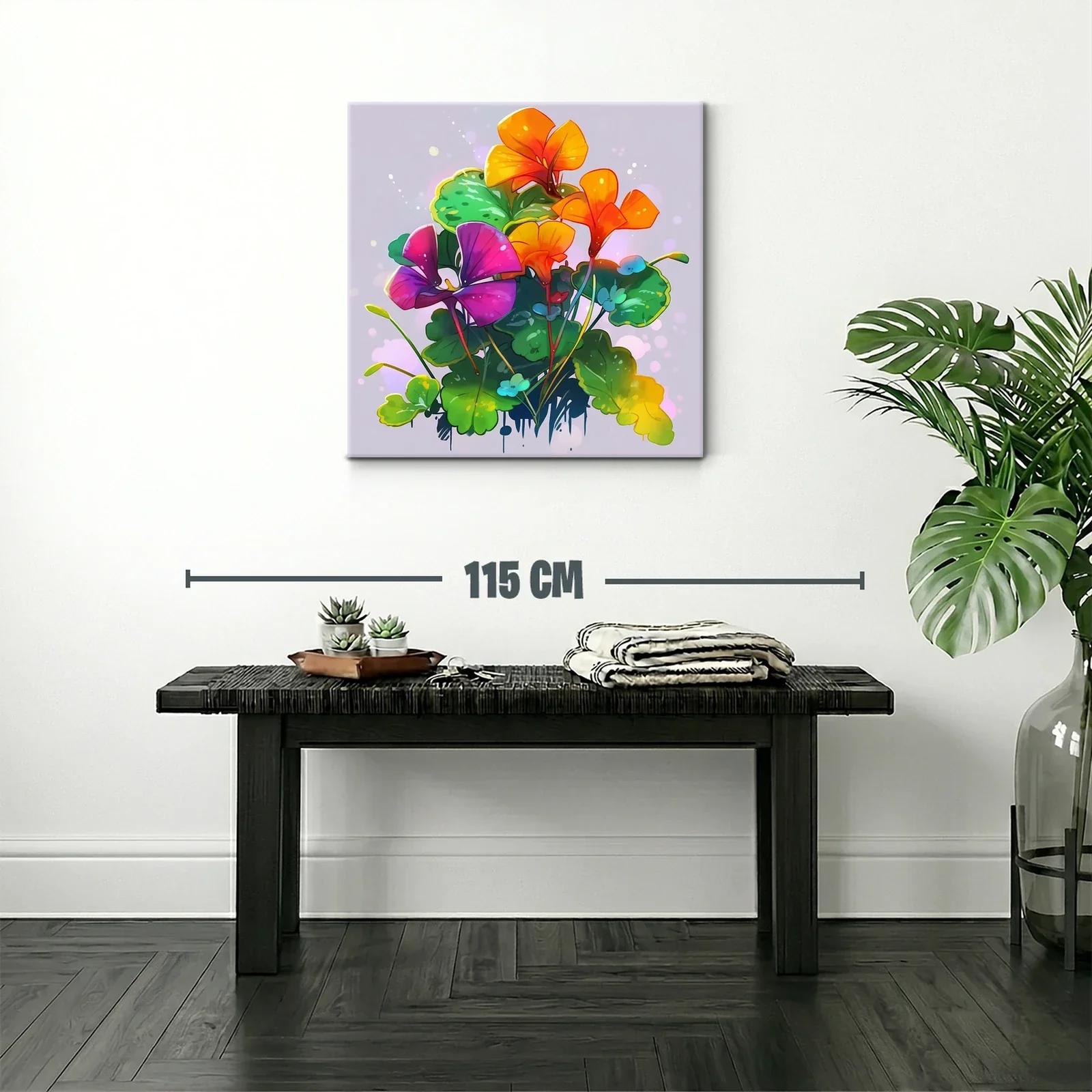 Cuadro floral vibrante con tonos naranjas y púrpuras — miniatura 2