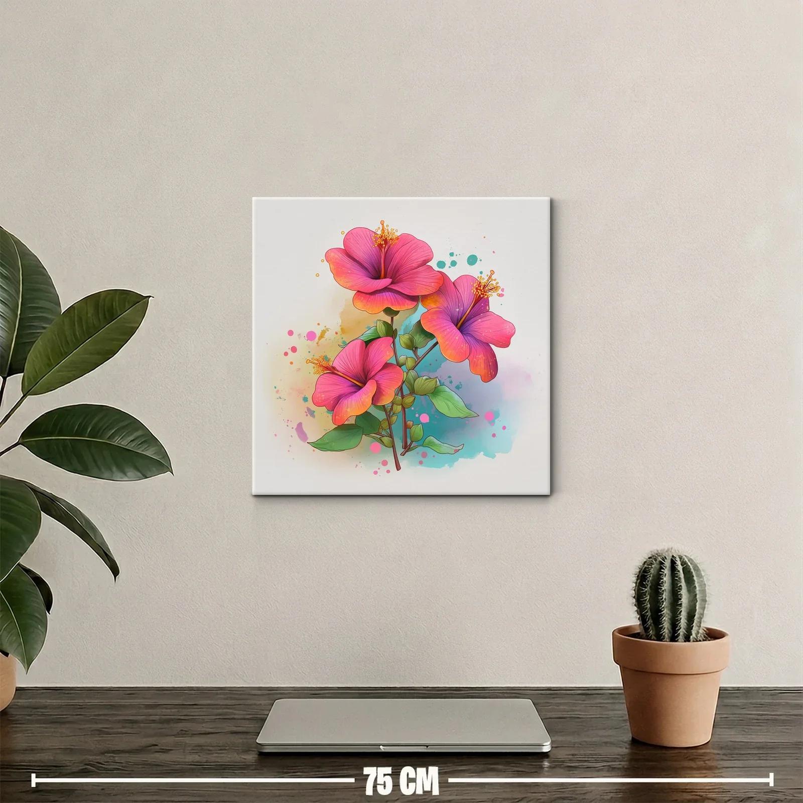 Vibrante cuadro con hibiscos en tonos rosas y naranjas — miniatura 2