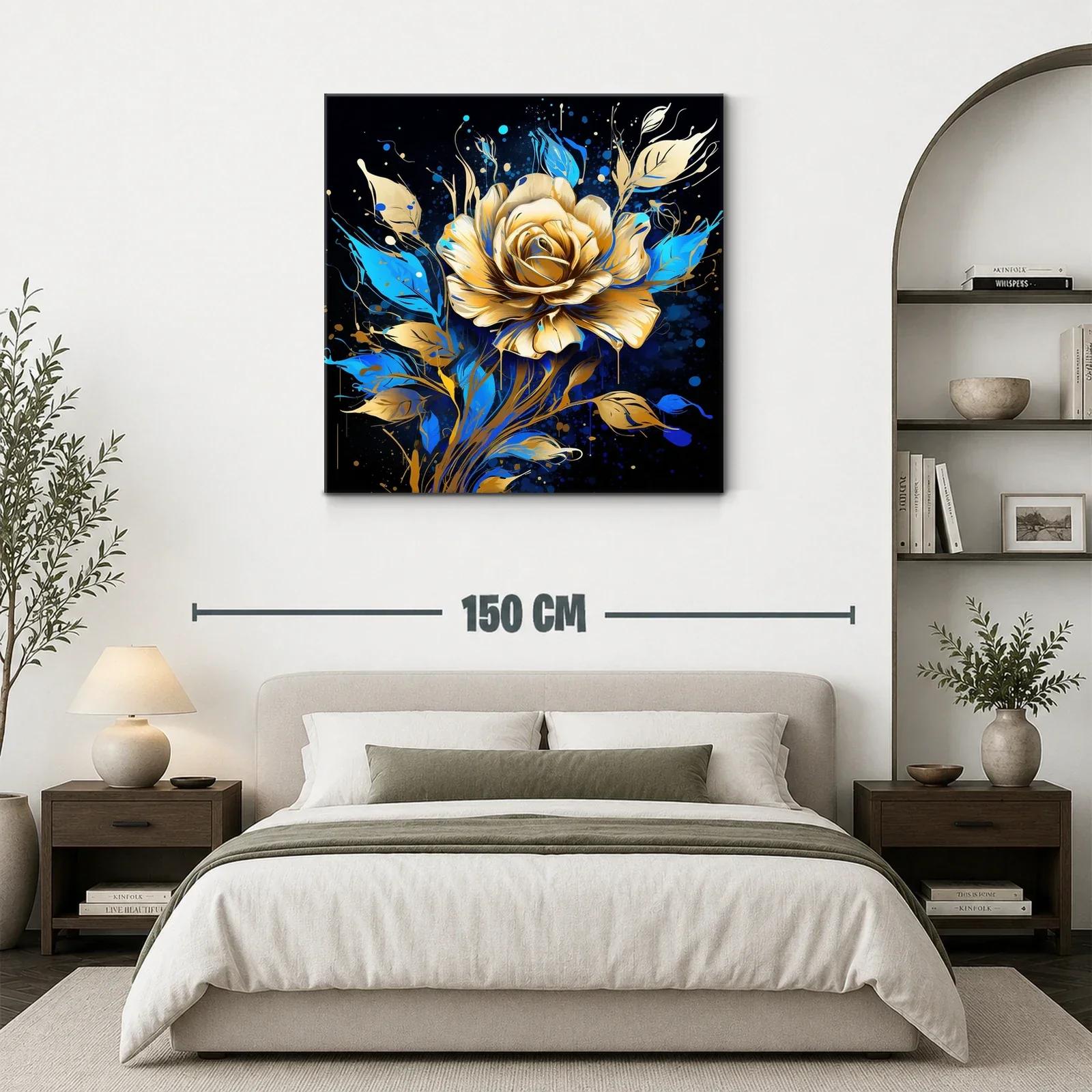 Rosa dorada con hojas azules sobre fondo oscuro — miniatura 3
