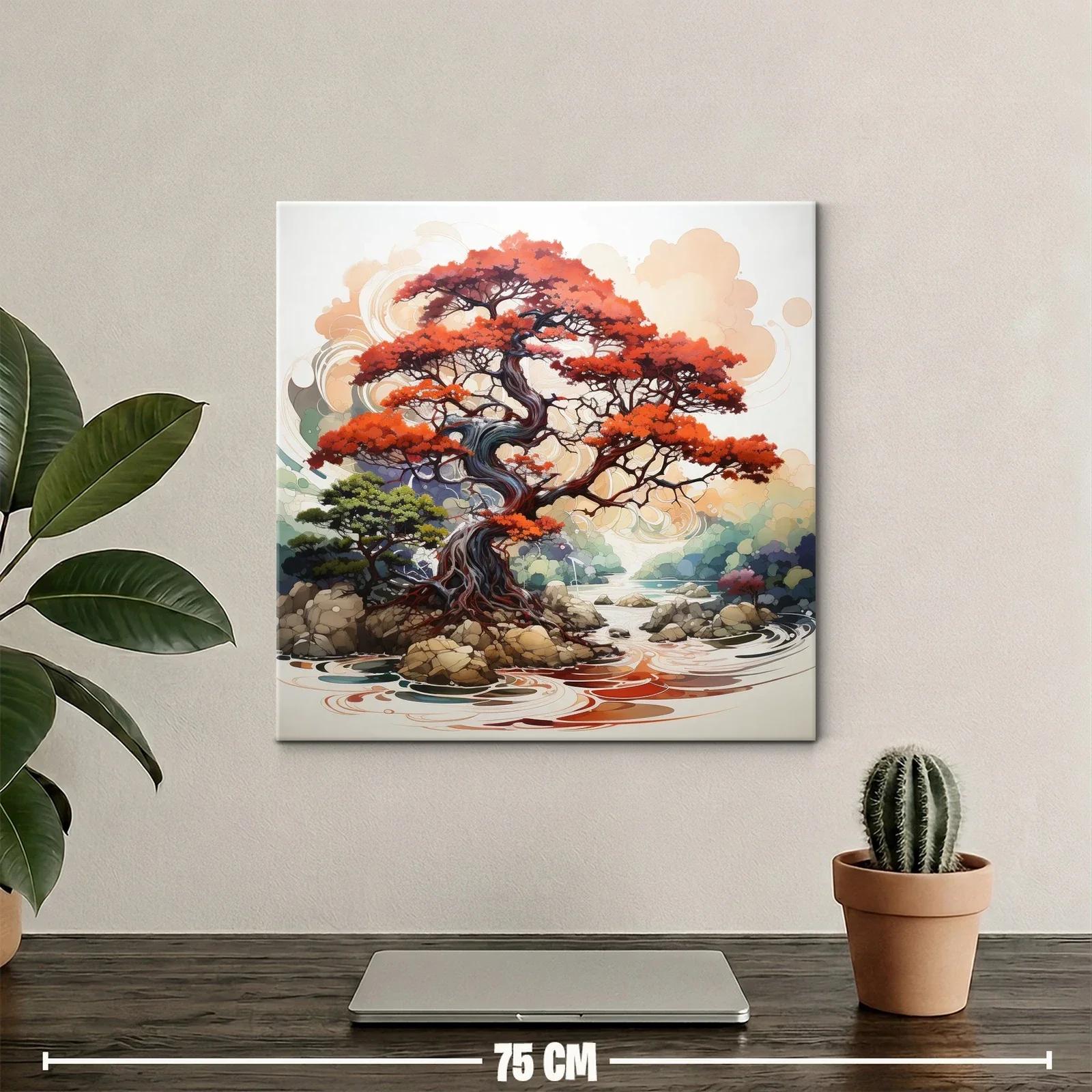 Árbol rojo sobre río con rocas y paisaje sereno — miniatura 2