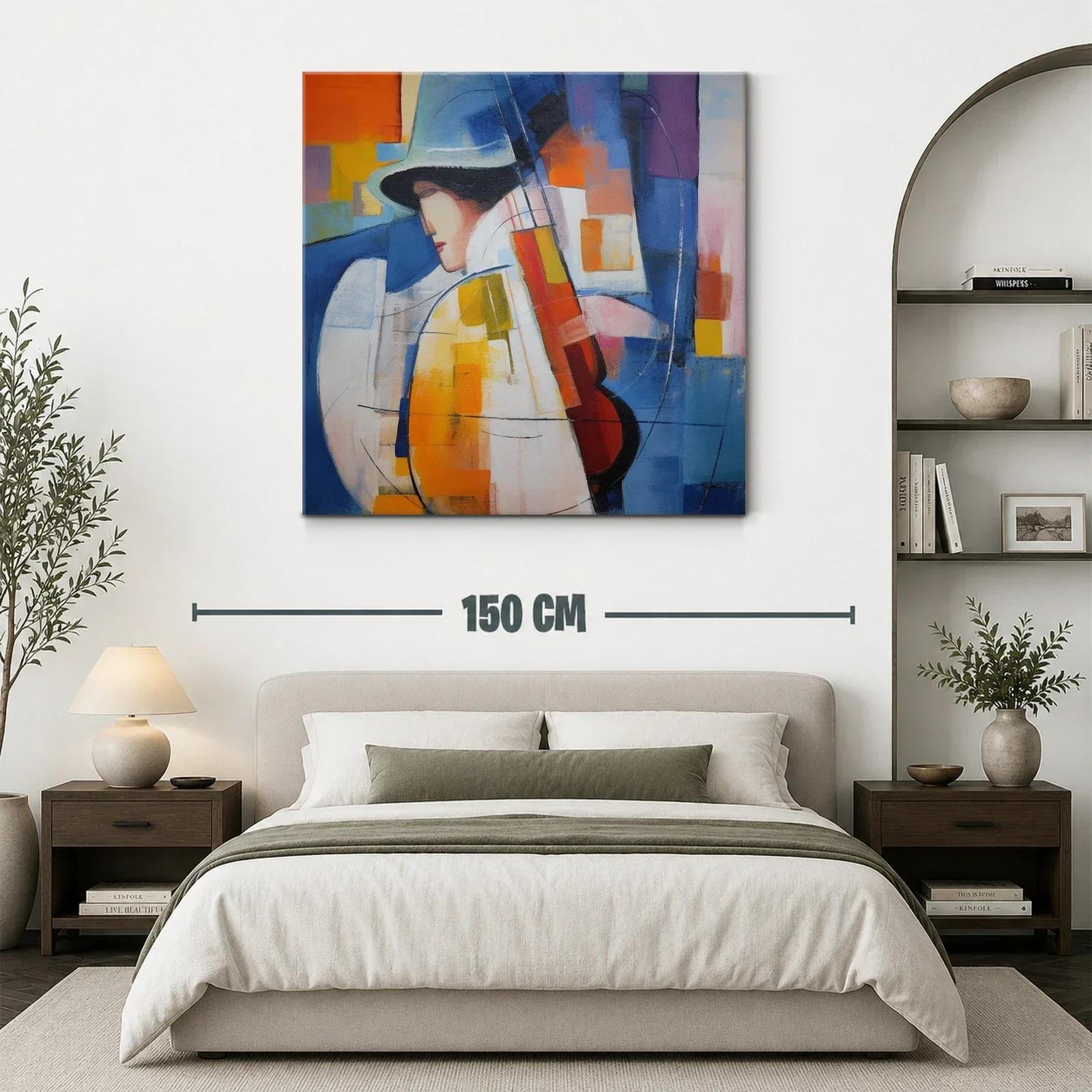 Cuadro abstracto con músico y paleta vibrante azul y naranja — miniatura 3