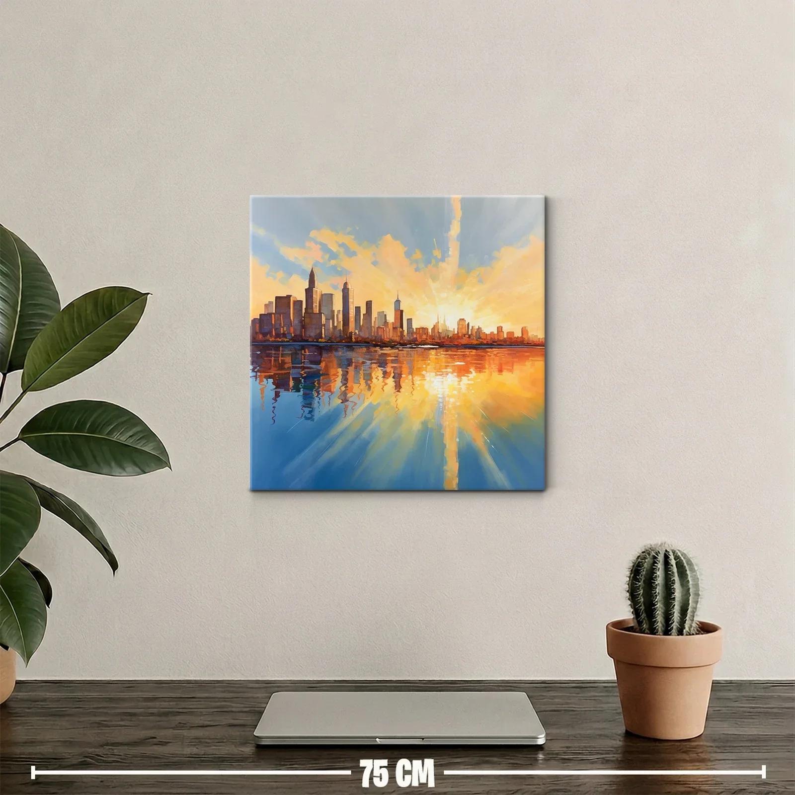 Atardecer vibrante sobre horizonte urbano reflejado en agua — miniatura 2