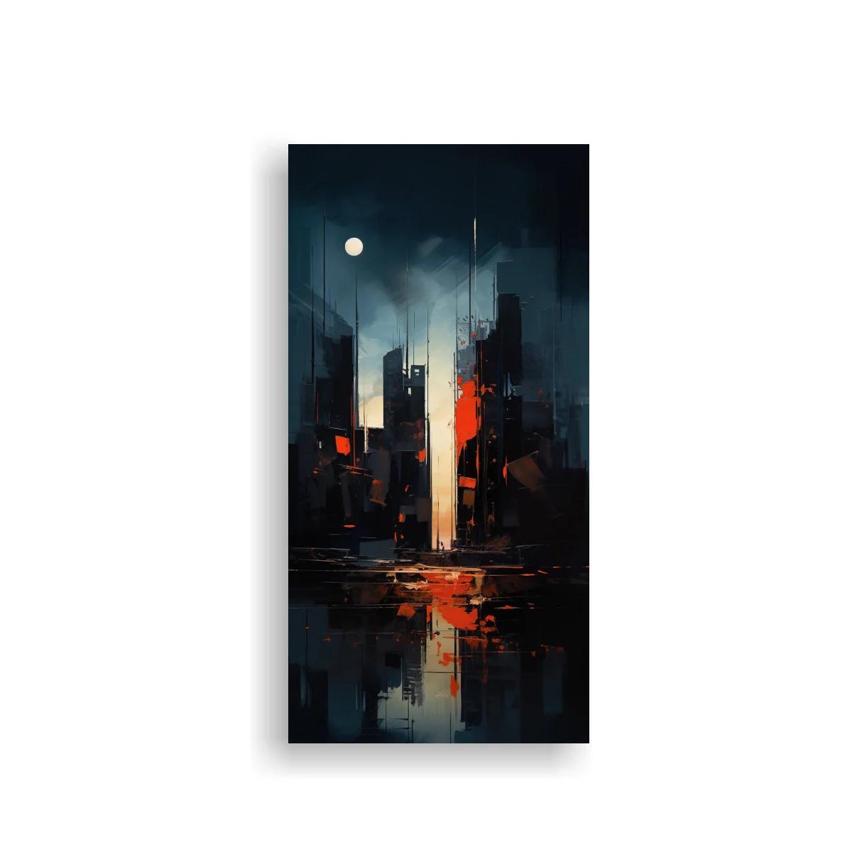 Cuadro skyline urbano nocturno con torre luminosa y reflejos naranjas