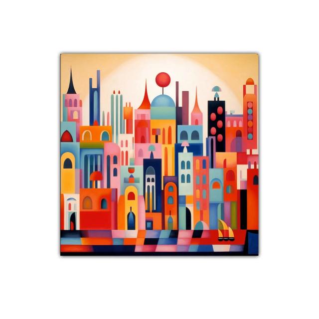 Colorida composición urbana con siluetas arquitectónicas vibrantes