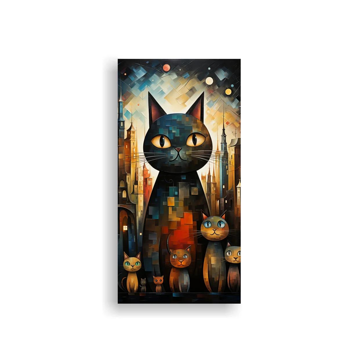Cuadro gato negro y gatitos en ciudad fantástica