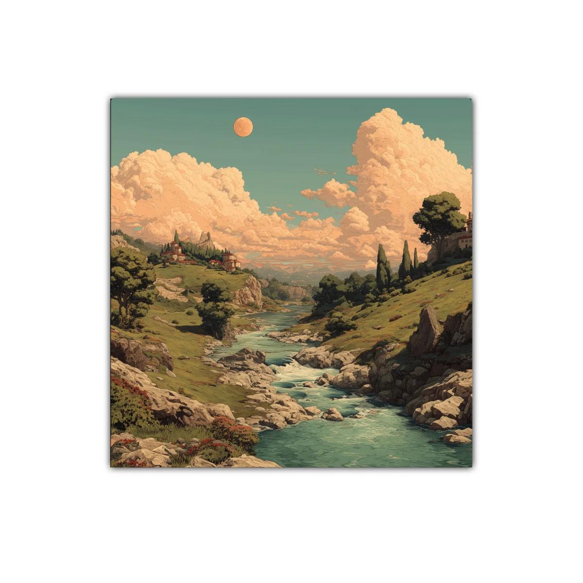 Paisaje campestre con río serpenteante al atardecer — imagen principal