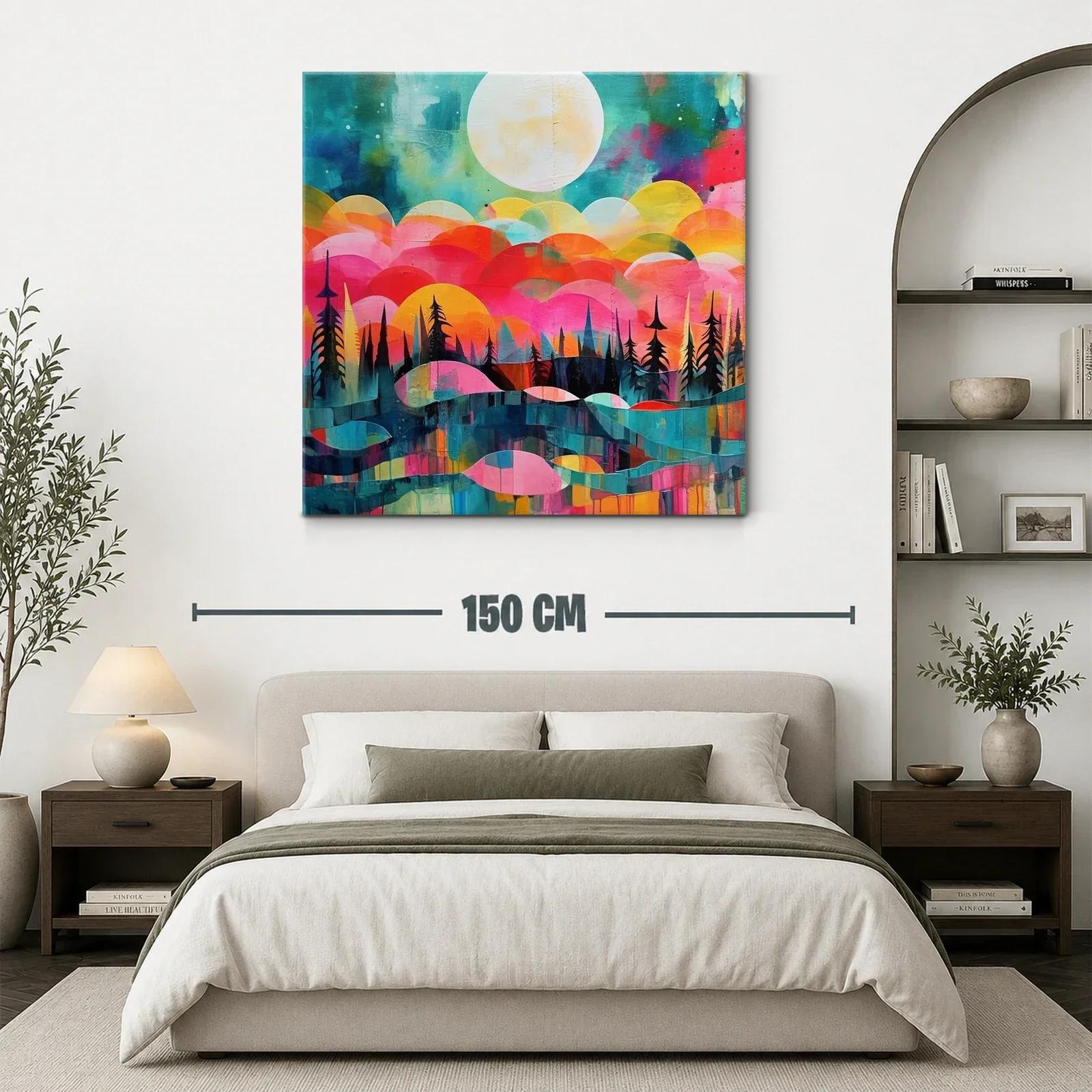 Paisaje abstracto con luna llena y árboles silueteados — miniatura 3