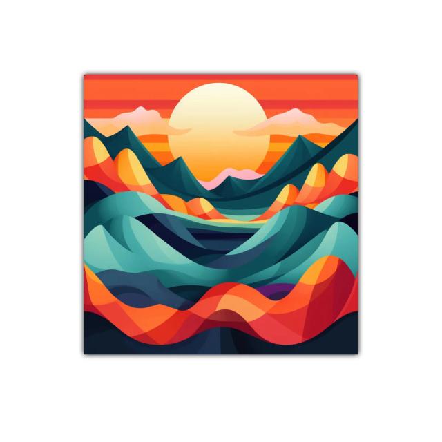 Atardecer vibrante con montañas y valles coloridos