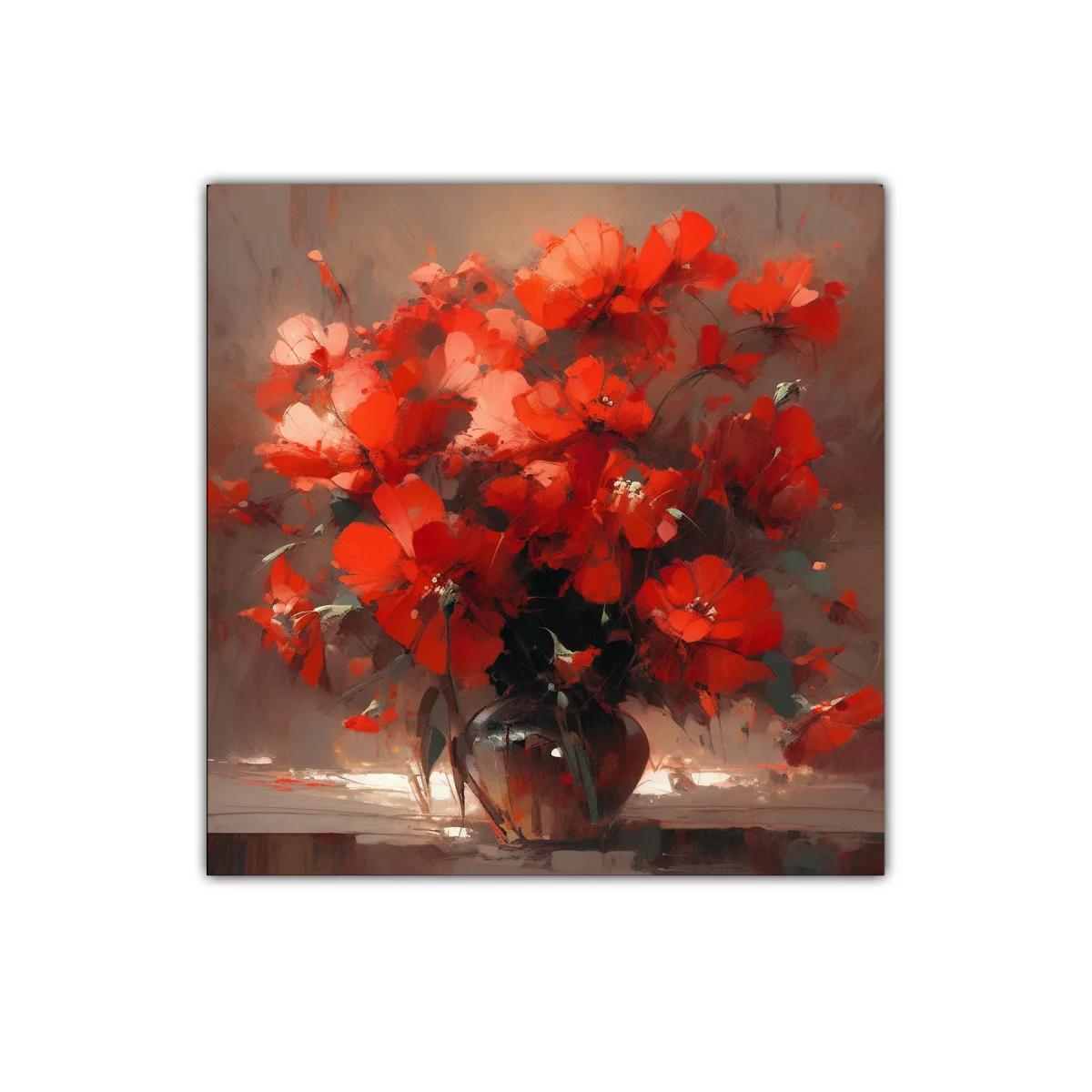 Ramo vibrante de flores rojas en jarrón oscuro — imagen principal