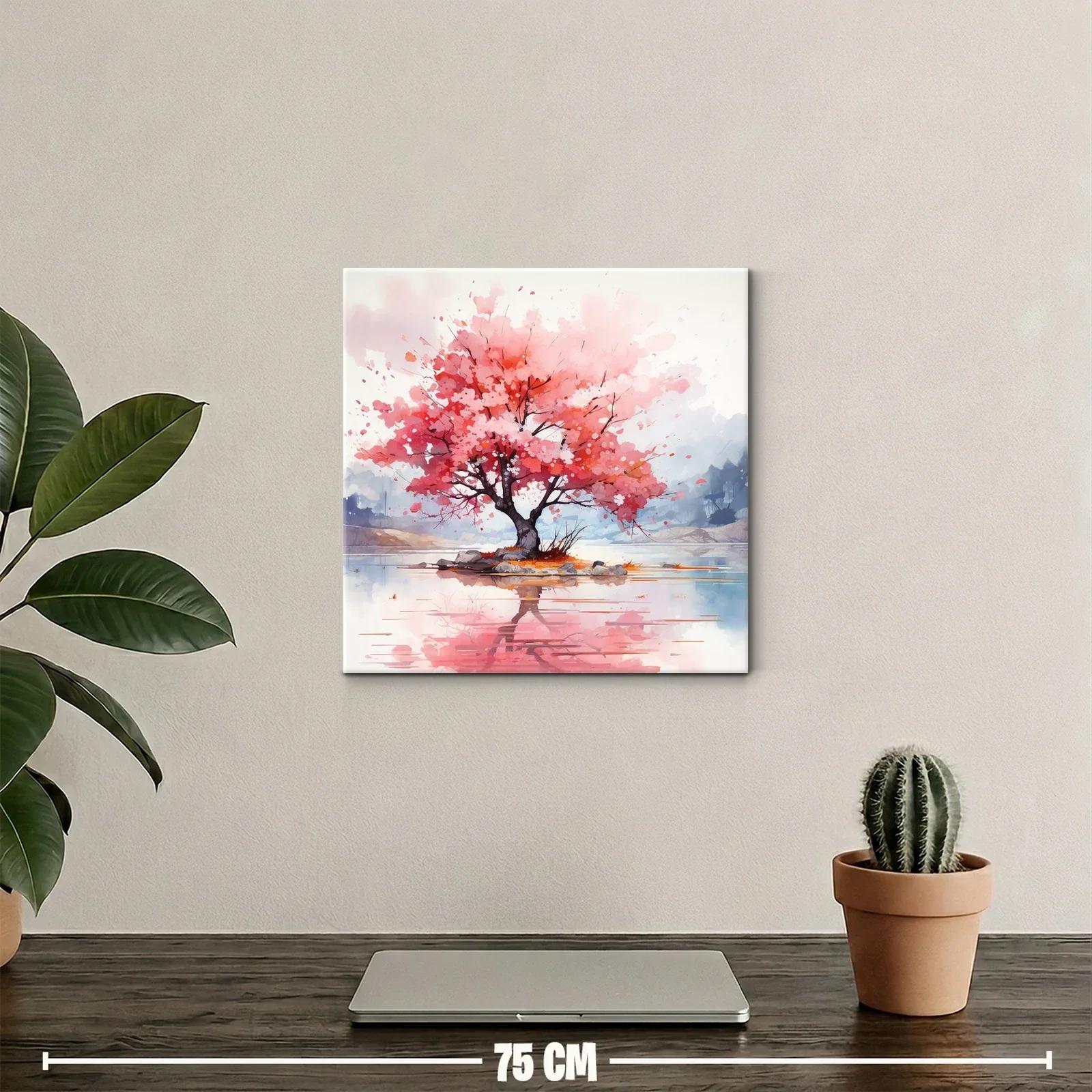 Árbol en flor rosa con reflejo en agua tranquila — miniatura 2
