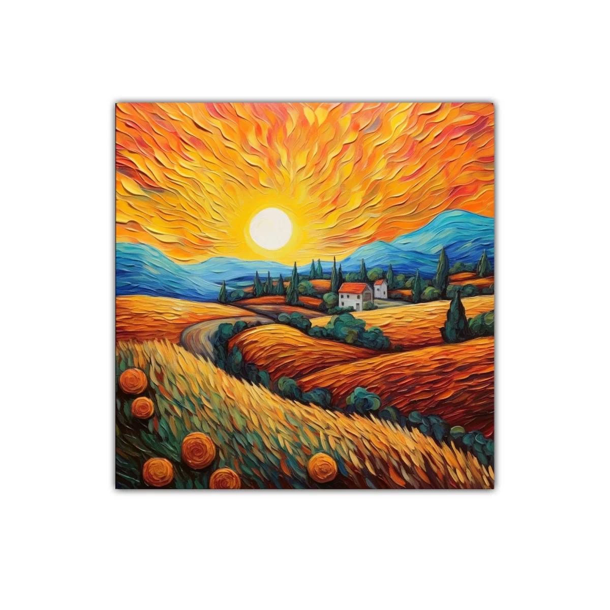 Paisaje vibrante con sol radiante y campos dorados