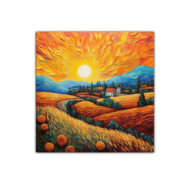 Paisaje vibrante con sol radiante y campos dorados