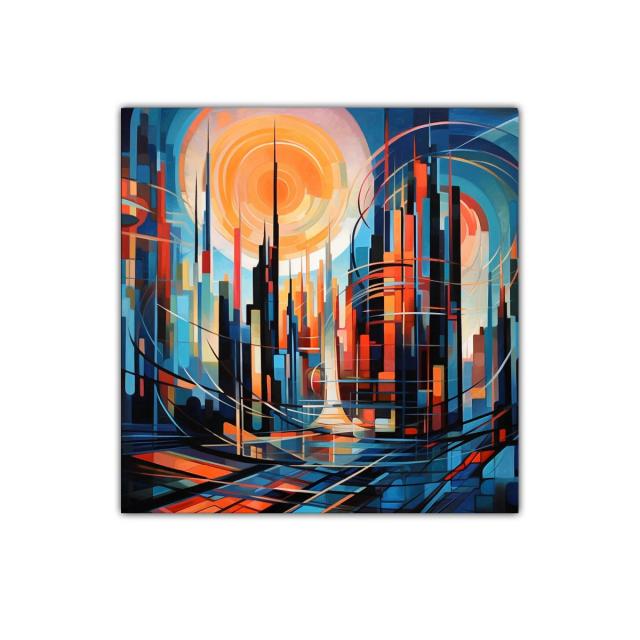 Ciudad futurista con tonos vibrantes y formas geométricas