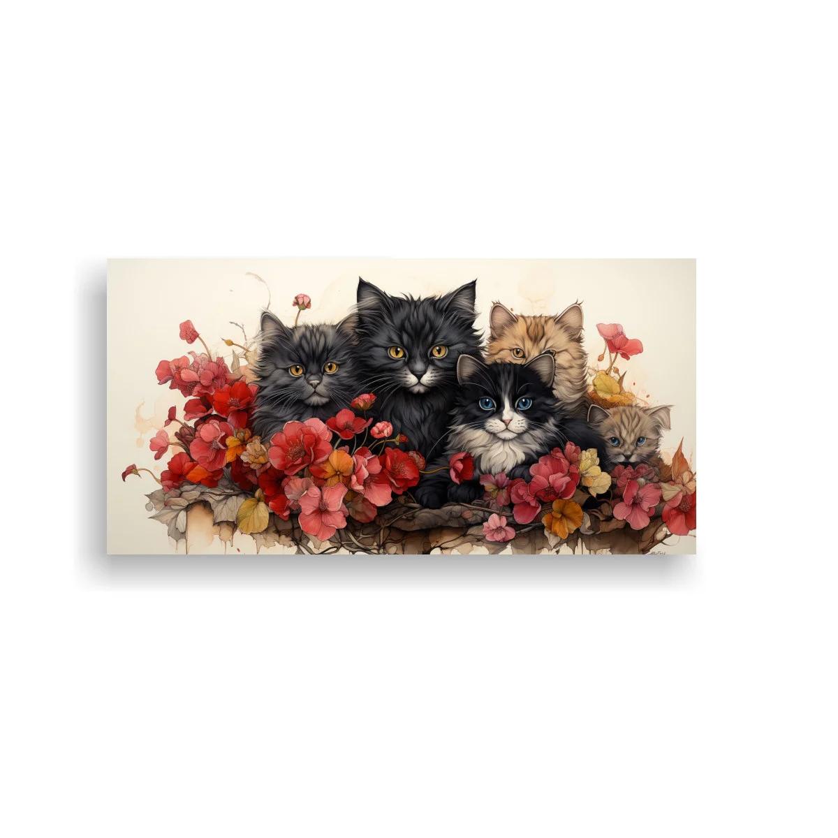 Cuadro tres gatos entre flores rojas con un cuarto gato asomando