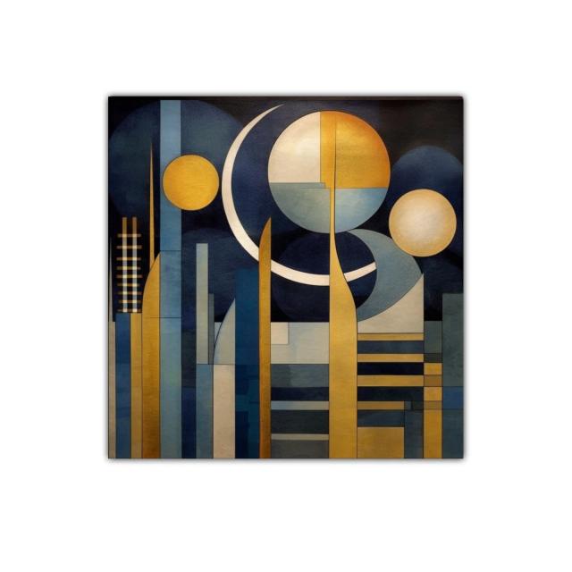 Composición geométrica con luces doradas y azul profundo