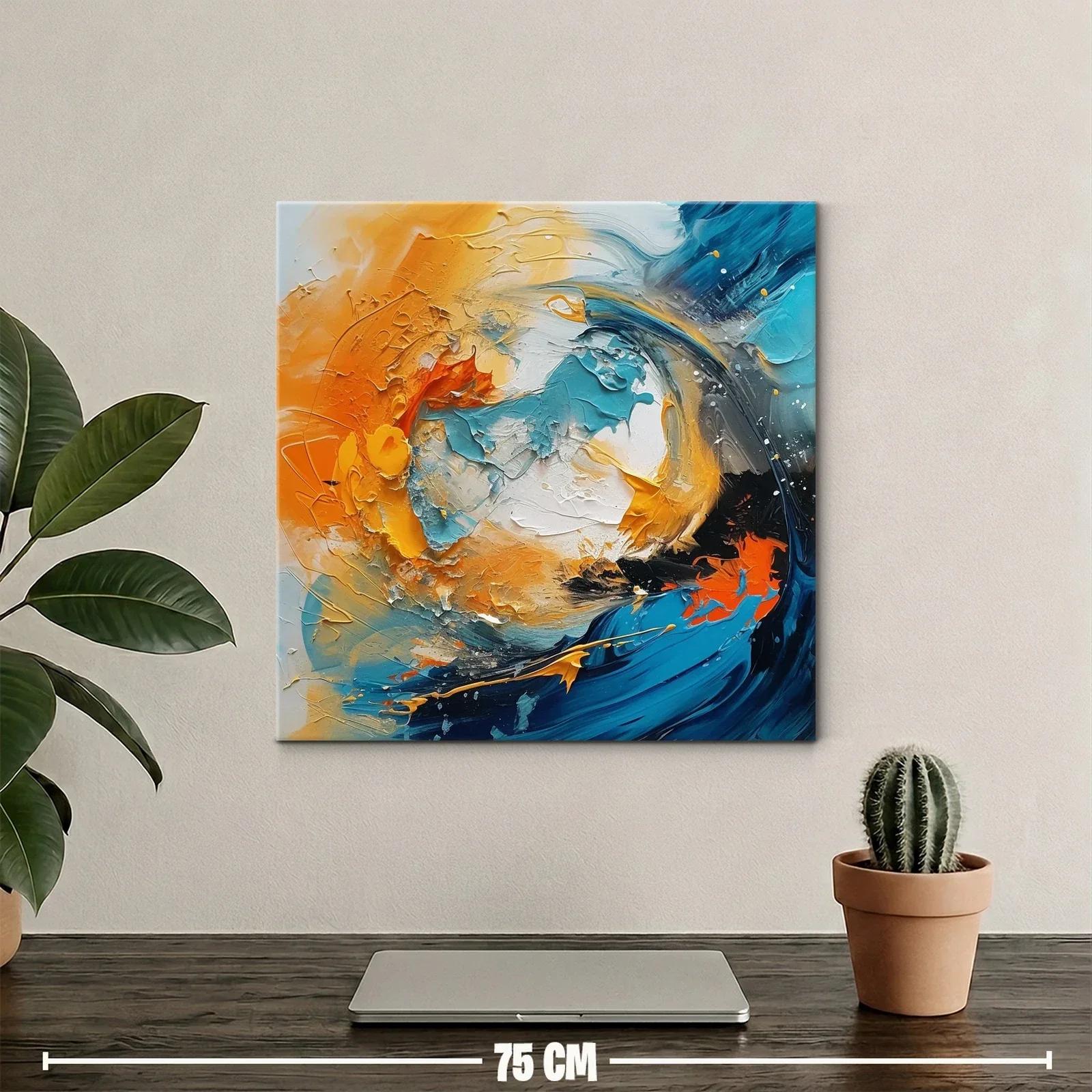 Cuadro abstracto en tonos turquesa y naranja vibrante — miniatura 2