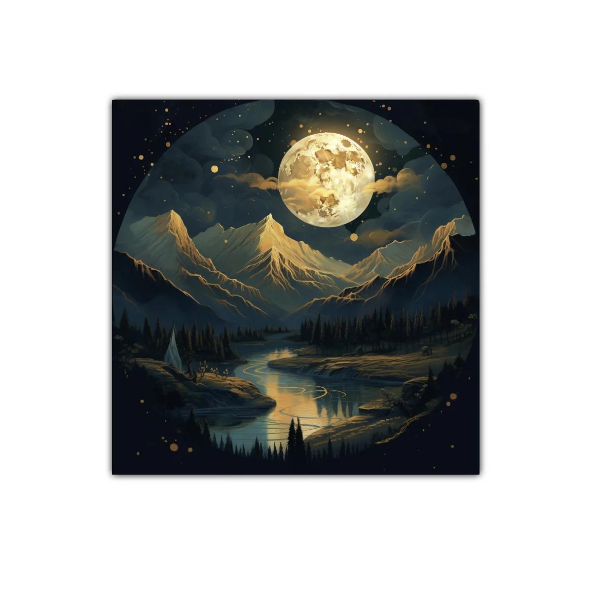 Noche mágica con luna llena sobre montañas doradas