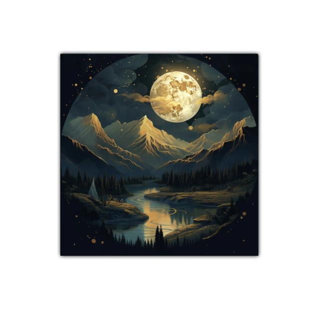 Noche mágica con luna llena sobre montañas doradas